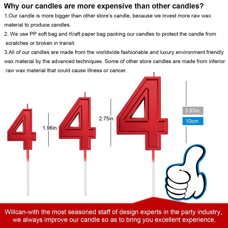 Willcan 3.93in Big Size Happy Birthday Metallic Red Number 4 Candles, Happy Birthday Cake Cupcake Toppers Decoration and Celebrating for Adults/Kids Party or Family Baking (3.93in red Number 4) - Image 2
